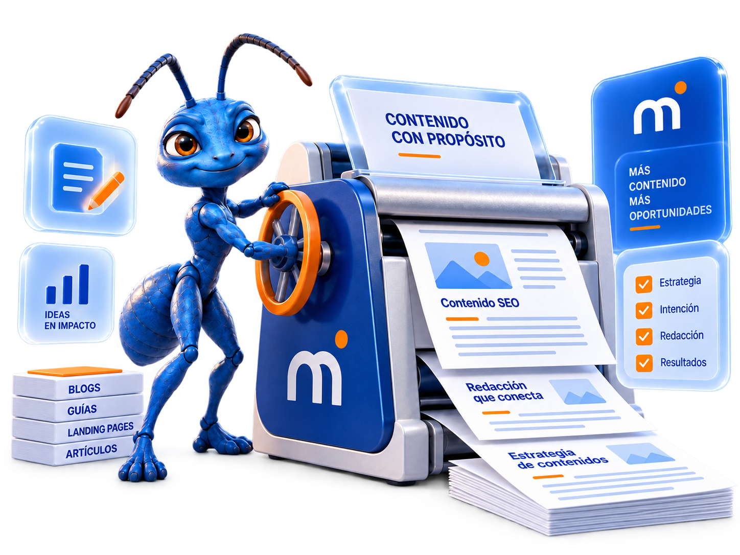 Hormiga de Make It SEO imprimiendo contenidos SEO con propósito