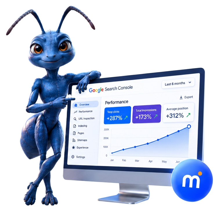 Mascota hormiga de Make It SEO junto a una pantalla de resultados SEO